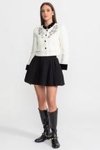 Embellished Textured Cropped Blazer with Crystal Floral Appliqué – White