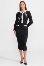 Embroidered Tweed Knit Co-Ord Set with Contrast Trim – Black