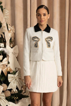 Tweed Blazer With Contrasting Elements And Metallic Bow Accent - White