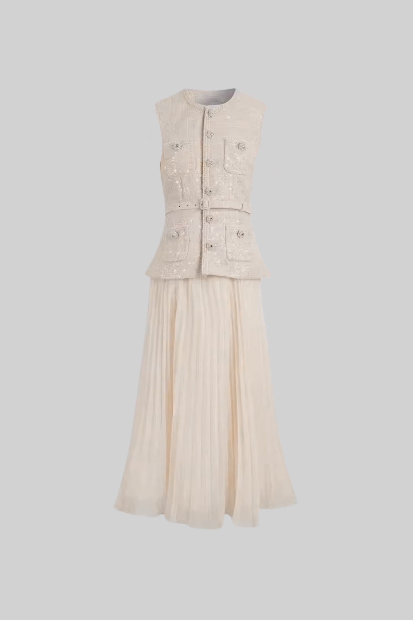 Textured Co-Ord With Front Pockets And Sheer Pleated Skirt - Ivoire