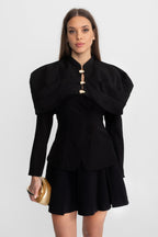 Tailored Blazer with Sculptural Cape Overlay and Gold Buttons – Black