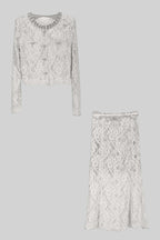Lace Co-Ord With Sparkling Neckline Embellishments And Midi Skirt - White