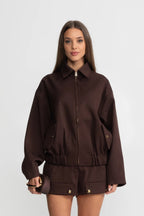 Co-Ord Set With Zip-Up Utility Jacket And Matching Shorts - Brown