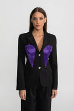 Tailored Satin Panel Blazer With Contrasting Bust Panels – Black & Purple