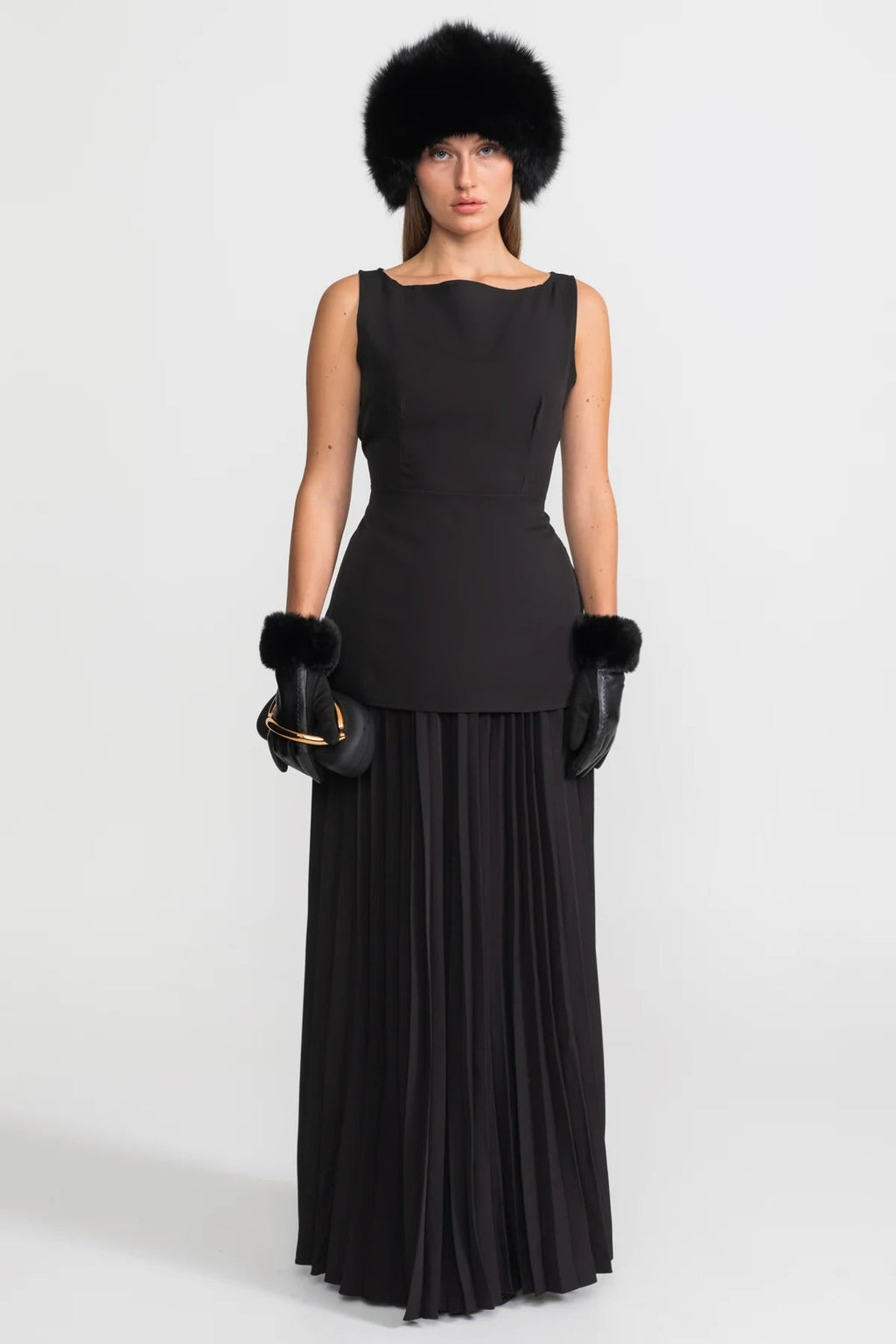 Sleeveless Maxi Co-Ord With Tailored Bodice And Pleated Skirt - Black