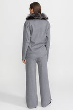 Knit Lounge Co-Ord Set with Fox Fur Collar – Grey