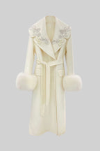 Cashmere Overcoat With Fox Fur Cuffs And 3D Floral Detailing - Ivoire