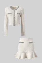 Soft Co-ord Set With Long Sleeves, Mini Skirt And Sparkling Embellishments - White
