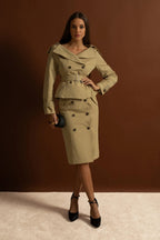 Off-Shoulder Peplum Trench Jacket and Pencil Skirt Co-Ord Set – Khaki