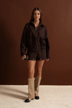 Co-Ord Set With Zip-Up Utility Jacket And Matching Shorts - Brown
