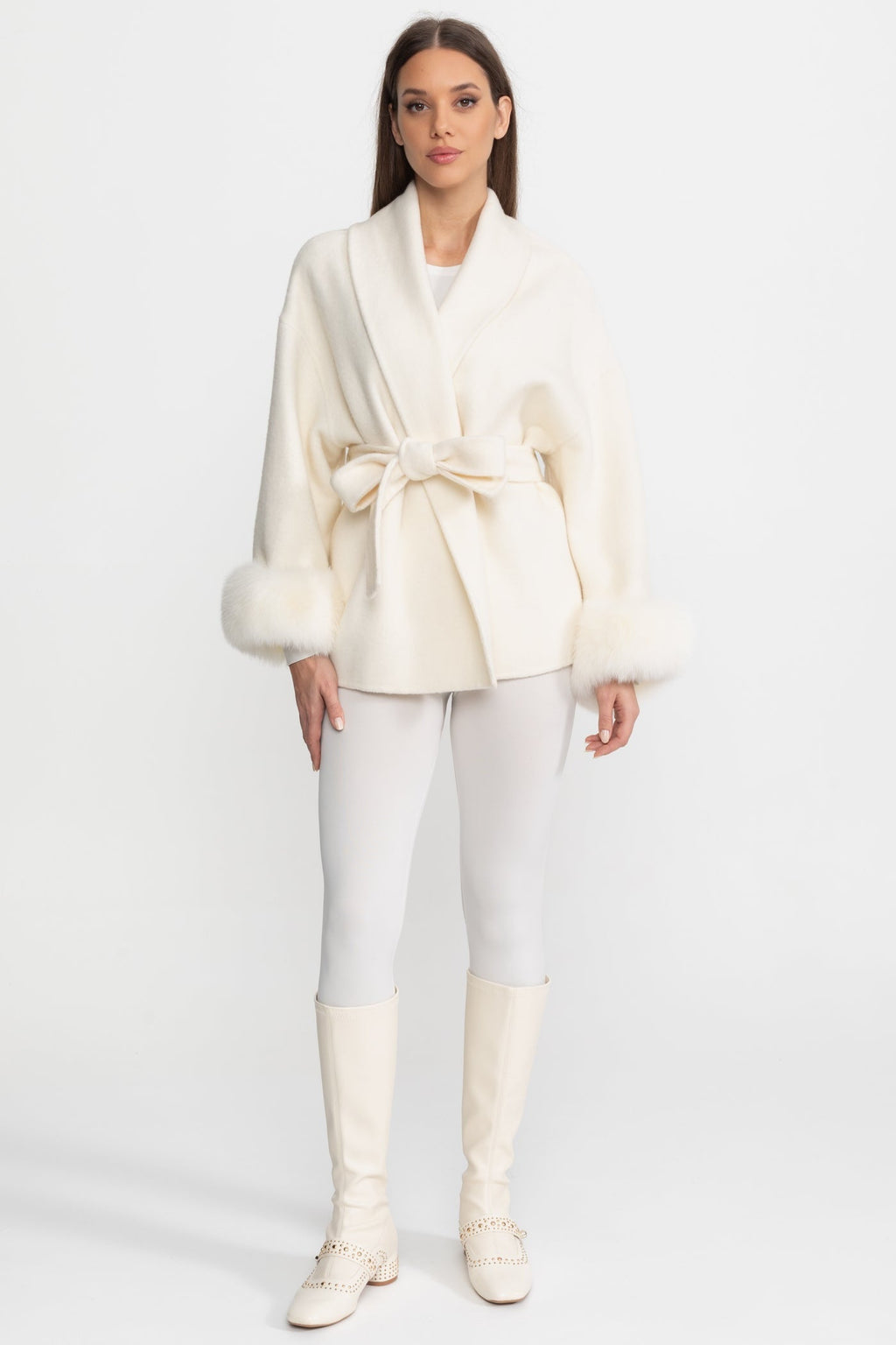 Wool Blend Wrap Jacket with Fox Fur Cuffs - Ivoire