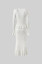 Ruffled Jacket & Flared Skirt Knit Matching Set - White