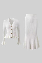 Ruffled Jacket & Flared Skirt Knit Matching Set - White