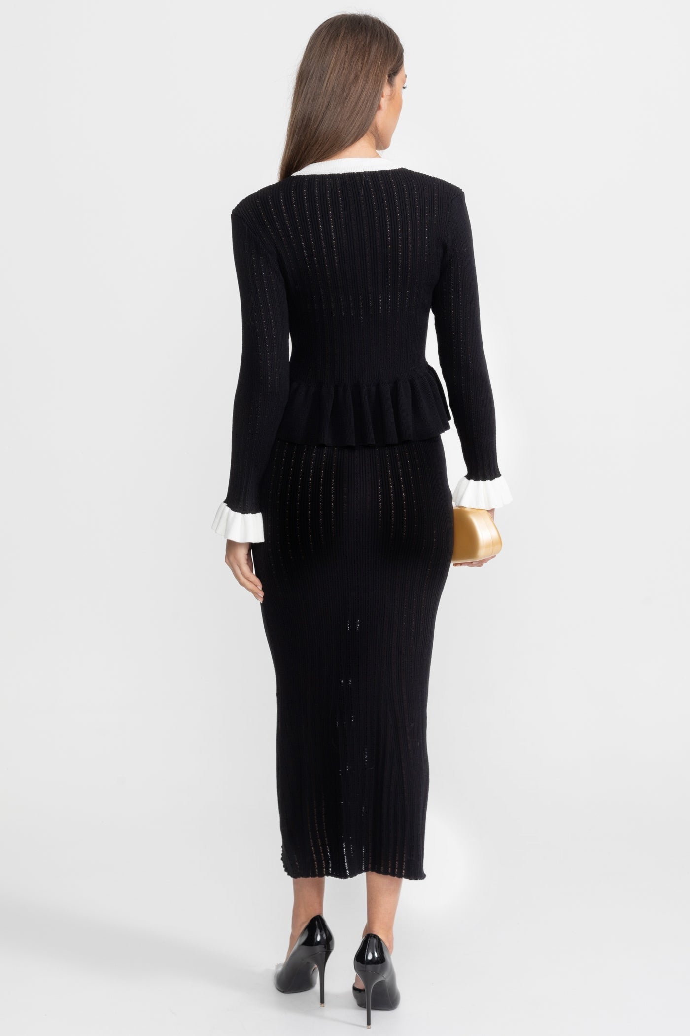 Pointelle Knit Midi Co-Ord with Contrast Trim – Black