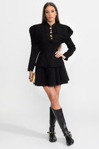 Tailored Blazer with Sculptural Cape Overlay and Gold Buttons – Black