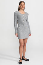 Embellished Knit Co-Ord Set with Crystal Buttons – Grey