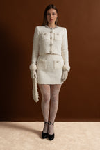 Tweed Mini Skirt With Crystal Buttons - White