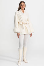 Wool Blend Wrap Jacket with Fox Fur Cuffs - Ivoire
