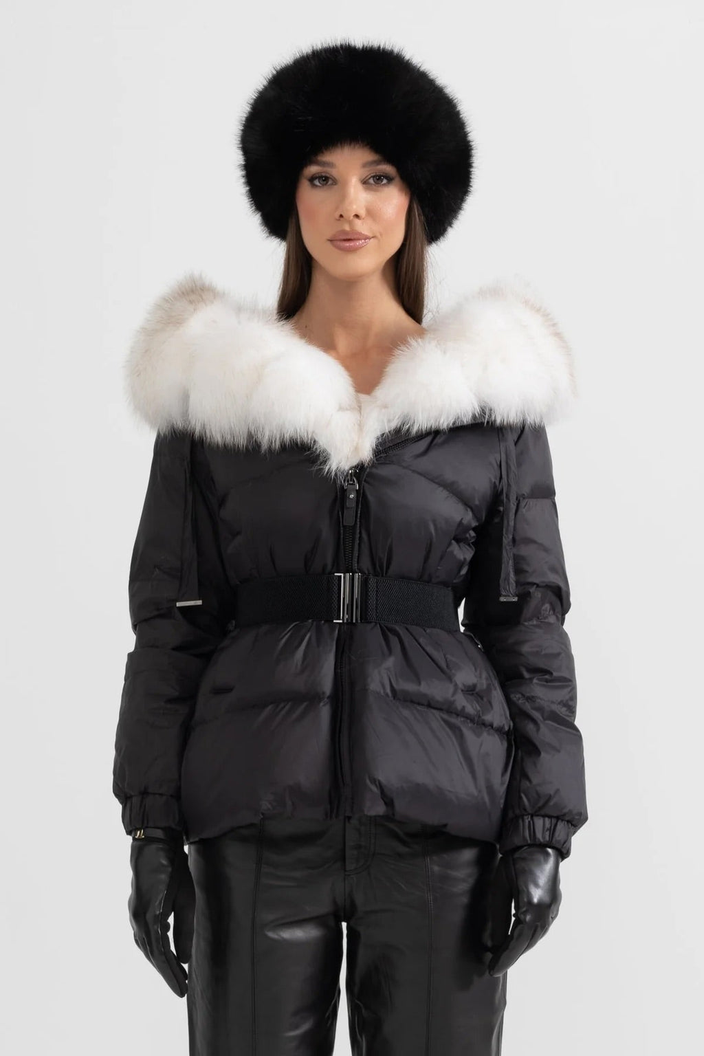 Puffer Jacket With Waistbelt And White Fox Fur-Lined Hood - Black