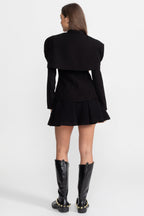 Tailored Blazer with Sculptural Cape Overlay and Gold Buttons – Black
