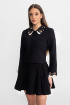 Tailored Cropped Jacket with Embellished Collar and Cuffs – Black