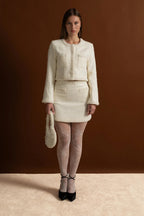 Tweed Mini Skirt With Beaded Trim And Hemline - Ivoire