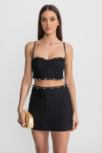 Pearl-Trim Tweed Co-Ord Set with Cropped Bustier Top – Black