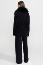 Knit Lounge Co-Ord Set with Fox Fur Collar – Black