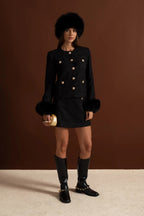 Tweed Blazer With Faux Fur Cuffs And Gold Buttons – Black