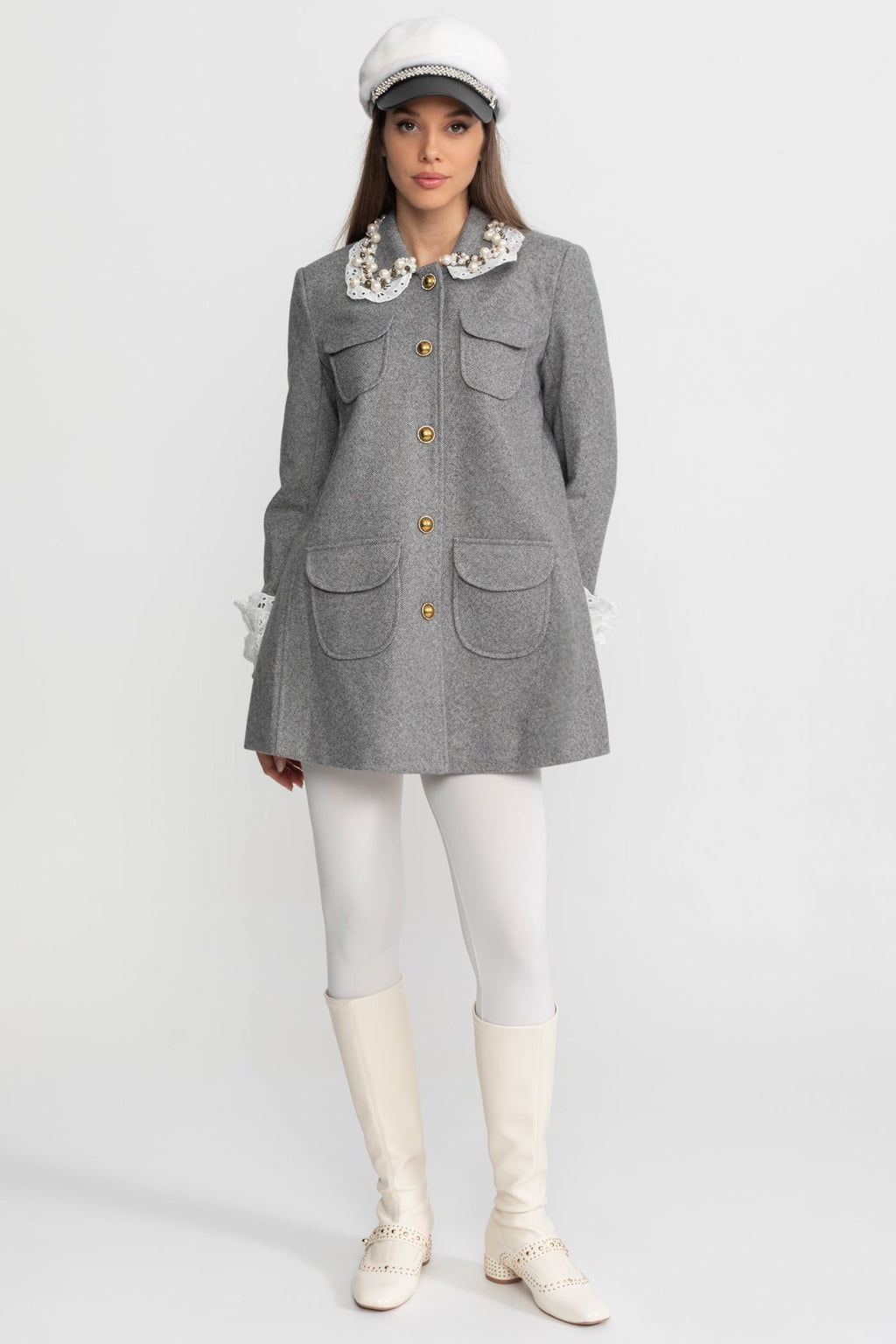 Mini Coat with Pearl-Embellished Lace Collar – Grey