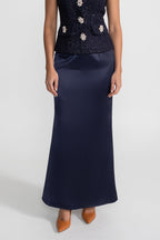 Co-Ord Set with Tweed Embellished Top and Satin Maxi Skirt - Navy