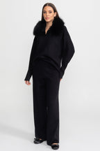 Knit Lounge Co-Ord Set with Fox Fur Collar – Black