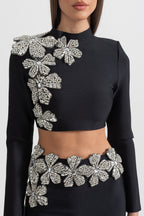 Diamond Flower Accent 2 Piece Set With Long Sleeves Top And Maxi Skirt - Black
