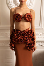 Elegant Satin Co-Ord Set With 3D Floral Embellishments - Brown