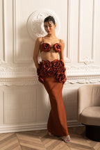 Elegant Satin Co-Ord Set With 3D Floral Embellishments - Brown