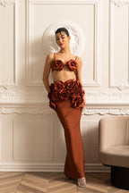 Elegant Satin Co-Ord Set With 3D Floral Embellishments - Brown