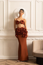 Elegant Satin Co-Ord Set With 3D Floral Embellishments - Brown