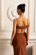 Elegant Satin Co-Ord Set With 3D Floral Embellishments - Brown