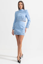 Diamond Embellished Co-Ord with Mini Skirt - Baby Blue
