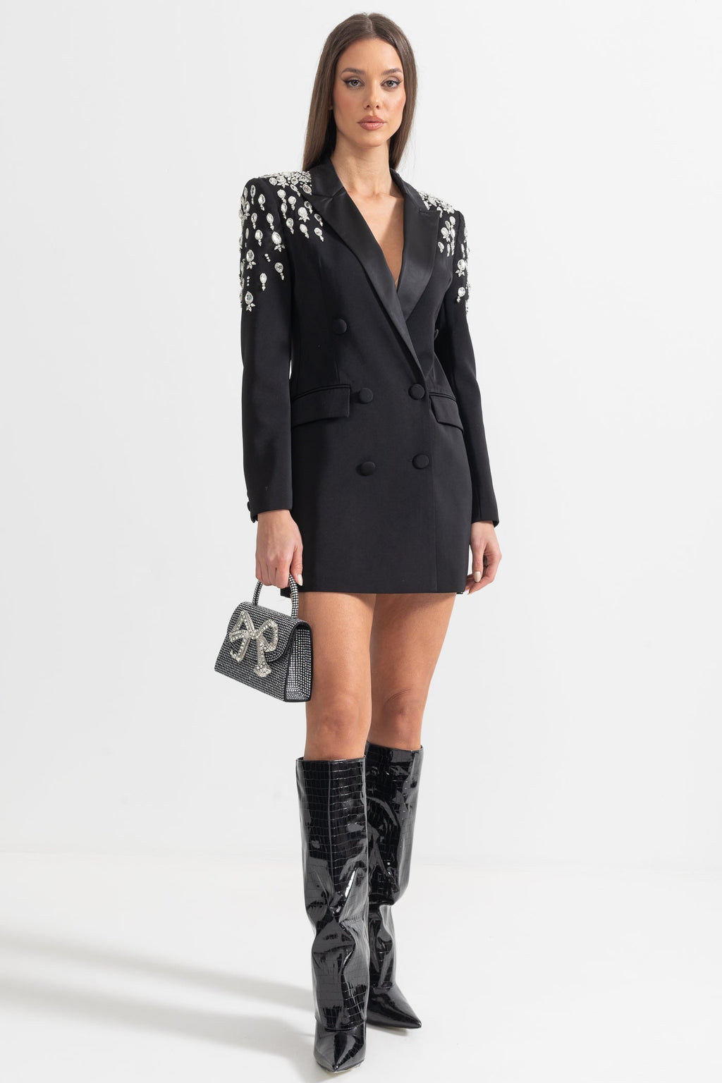 Elegant Blazer With Diamond Embellished Shoulders - Black