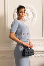 Elegant Knit Set With Front Pockets And Gold Buttons - Blue