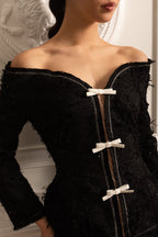 Textured Off-Shoulder Co-ord With White Bow Accents - Black