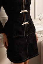 Textured Off-Shoulder Co-ord With White Bow Accents - Black