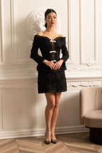 Textured Off-Shoulder Co-ord With White Bow Accents - Black