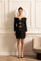 Textured Off-Shoulder Co-ord With White Bow Accents - Black