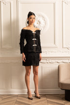 Textured Off-Shoulder Co-ord With White Bow Accents - Black