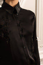Sequin Embellished Satin Set With Long Sleeved Shirt And Coordinated Pants - Black