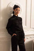 Sequin Embellished Satin Set With Long Sleeved Shirt And Coordinated Pants - Black