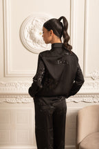 Sequin Embellished Satin Set With Long Sleeved Shirt And Coordinated Pants - Black
