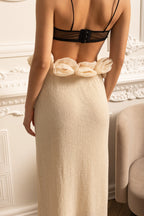 High-Waisted Knit Skirt With 3D Flowers Appliques - Ivoire